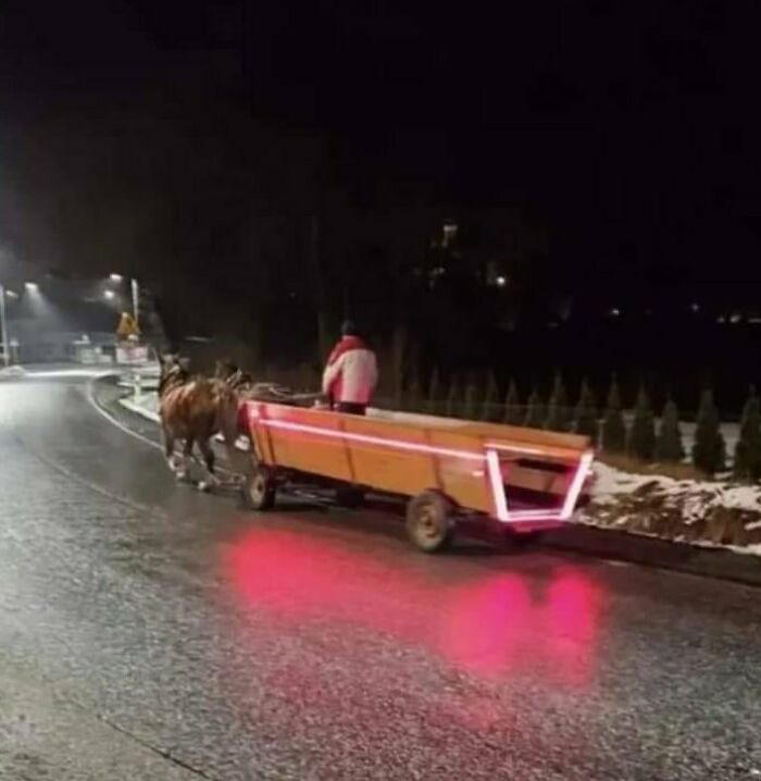 Horse-drawn cart with neon lights on a wet road at night, capturing a funny Eastern European experience.