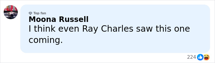 Comment by Moona Russell saying I think even Ray Charles saw this one coming on a social media post about Will Smith accused of harassing.