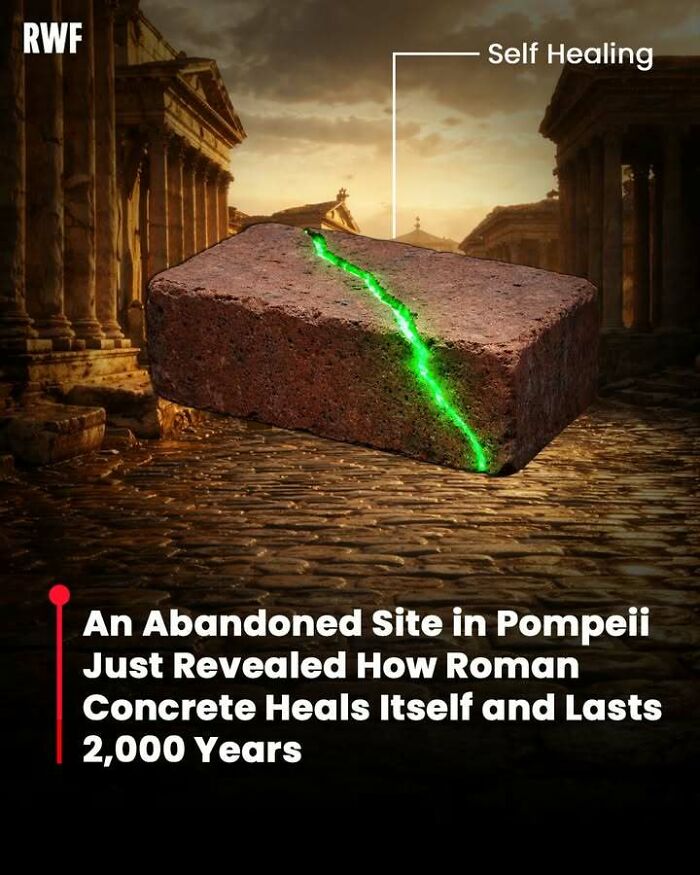Ancient Roman concrete self healing with green glowing crack, illustrating facts that linger in your head for days.