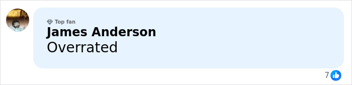 Social media comment card reading Overrated by top fan James Anderson, referencing Sydney Sweeney backlash