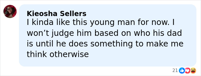 Comment on social media post expressing support for Barron Trump, mentioning judgment based on his actions and not his father.