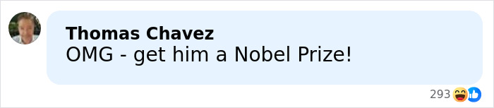 Comment by Thomas Chavez saying OMG get him a Nobel Prize with laughing emoji reaction below the text, discussing Barron Trump emergency call apology.
