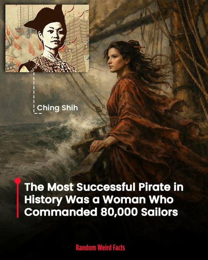 Painting of woman pirate Ching Shih commanding 80,000 sailors in a stormy sea, a memorable historical fact.