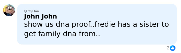 Comment by John John discussing DNA proof related to Freddie Mercury's secret daughter claim on social media.