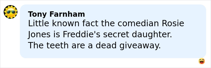 Comment box with text discussing Freddie Mercury's secret daughter and a humorous remark about her teeth.