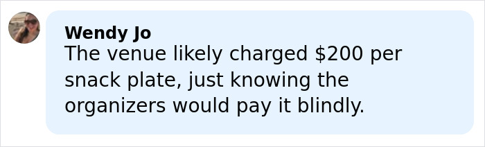 Screenshot of a social media comment discussing the Critics Choice Awards&rsquo; disappointing food and high snack plate prices.