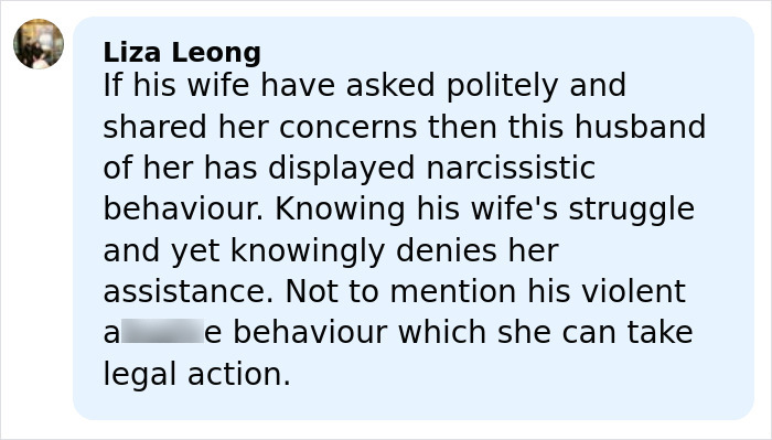 Comment discussing husband violently trashing home after wife buys $215 dishwasher without telling him, highlighting narcissistic behavior.
