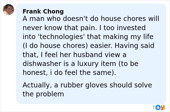 Commenter Frank Chong discusses house chores and reactions to a $215 dishwasher purchase causing conflict.