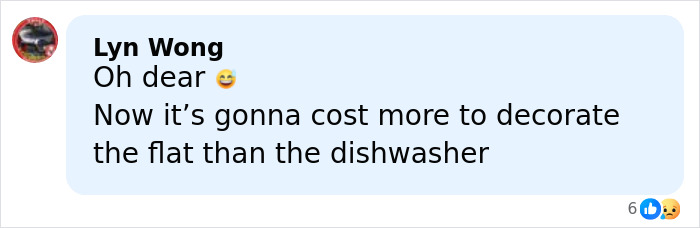 Facebook comment reacting to costly home damage caused by husband after wife buys $215 dishwasher without telling him