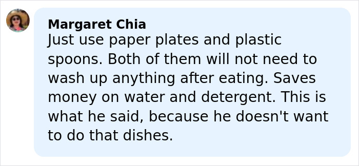 Text message conversation about avoiding dishwashing by using paper plates and plastic spoons to save water and detergent.