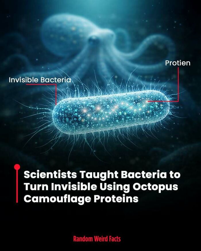 Invisible bacteria glowing with octopus camouflage proteins in a scientific visualization showing unique facts that linger in your head.