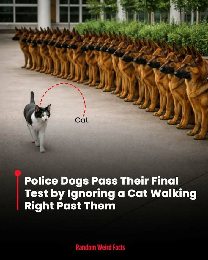 Row of police dogs ignoring a cat walking past, illustrating unique facts that linger in your head for days.