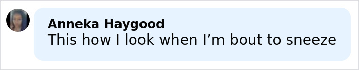 Social comment bubble with blurred avatar, text reads I'm about to sneeze, mentions Rihanna distorted lingerie photos