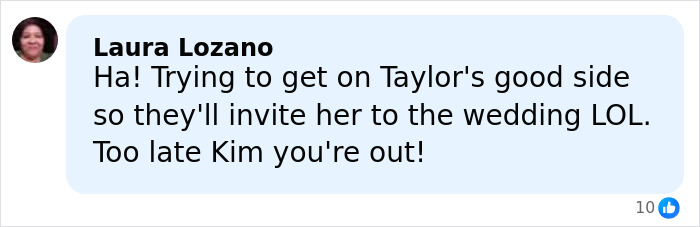 Comment from Laura Lozano about Kim Kardashian and Taylor Swift, sparking suspicion amid Blake Lively text reveal. Comment from Laura Lozano about Kim Kardashian and Taylor Swift, sparking suspicion amid Blake Lively text reveal.