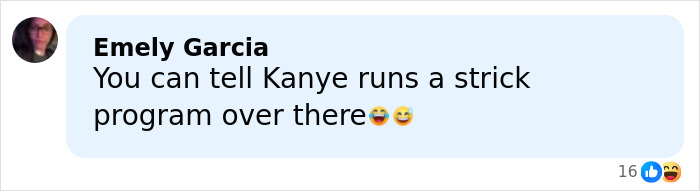 Comment from Emely Garcia about Kanye running a strict program, displayed in a light blue chat bubble with reaction emojis.