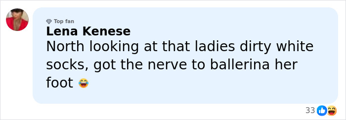 Comment by Lena Kenese reacting to North West’s expression in a family photo with Bianca Censori.