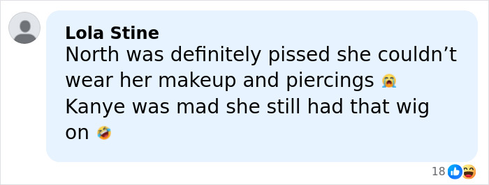 Social media comment discussing North West’s sad expression and Kanye was mad in family photo with Bianca Censori.