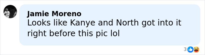 Comment by Jamie Moreno mentioning Kanye was mad and North West’s sad expression going viral in a casual online discussion.