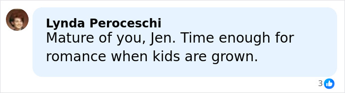 Comment by Lynda Peroceschi discussing romance timing and maturity related to Jennifer Garner's trauma bonded divorce with Ben Affleck.