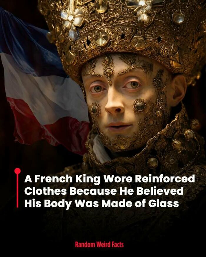 French king wearing reinforced clothes in belief his body was made of glass, an unusual historical fact to remember.
