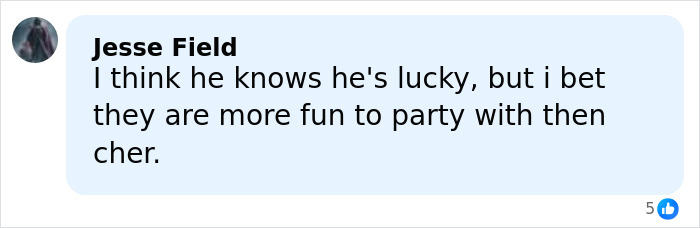 Screenshot of a social media comment by Jesse Field in a blue bubble about Cher rude comment, five likes Screenshot of a social media comment by Jesse Field in a blue bubble about Cher rude comment, five likes