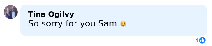 Comment expressing sympathy for a husband heartbroken after tragic loss on first anniversary, with a sad emoji.