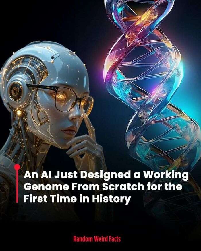 Futuristic AI robot analyzing a glowing DNA double helix, representing intriguing facts that linger in your head.