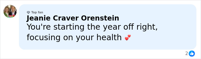 Comment by Jeanie Craver Orenstein encouraging focus on health while referencing Pink&rsquo;s break after New Year&rsquo;s Eve in hospital.