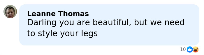 Chat message from Leanne Thomas saying Darling you are beautiful but we need to style your legs, referencing bathing suit with sleeves.