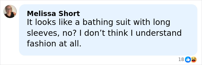 Comment discussing a bathing suit with sleeves, questioning the fashion choice and style understanding.