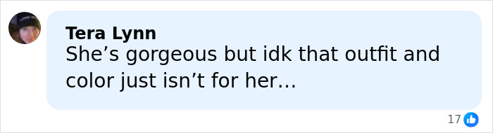 Comment from Tera Lynn discussing a bathing suit with sleeves outfit, saying it isn&rsquo;t flattering for Margot Robbie.