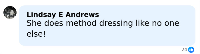 Comment on social media with text praising unique method dressing style, displayed in black and white profile photo.