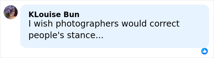 Woman commenting on photos, expressing a wish that photographers would correct people's stance during shoots.