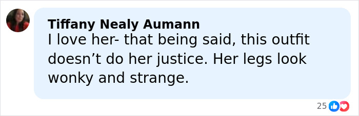 Comment by Tiffany Nealy Aumann criticizing Margot Robbie's bathing suit with sleeves, calling the legs wonky and strange.