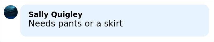 User comment saying needs pants or a skirt in a blue speech bubble on a social media post about a bathing suit with sleeves.
