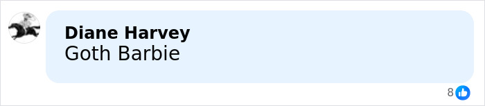 A social media comment reading Goth Barbie in black text on a light blue speech bubble about a bathing suit with sleeves.