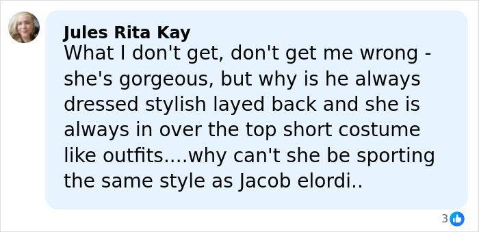 Comment discussing style contrast between a bathing suit with sleeves outfit and casual stylish clothing choices.