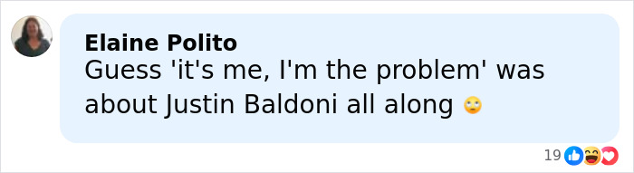 Screenshot of a Facebook comment revealing damning words about Justin Baldoni in Taylor Swift’s leaked texts to Blake Lively.