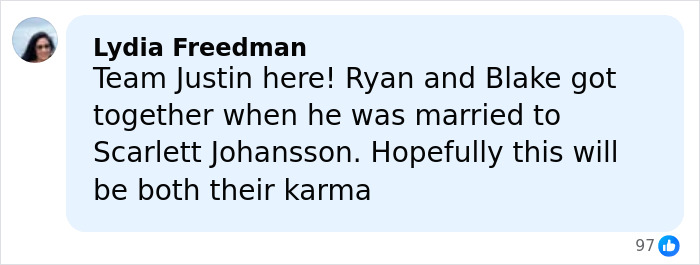 Comment from Lydia Freedman about Blake Lively and Ryan sharing karma, reacting to leaked audio bombshell online.
