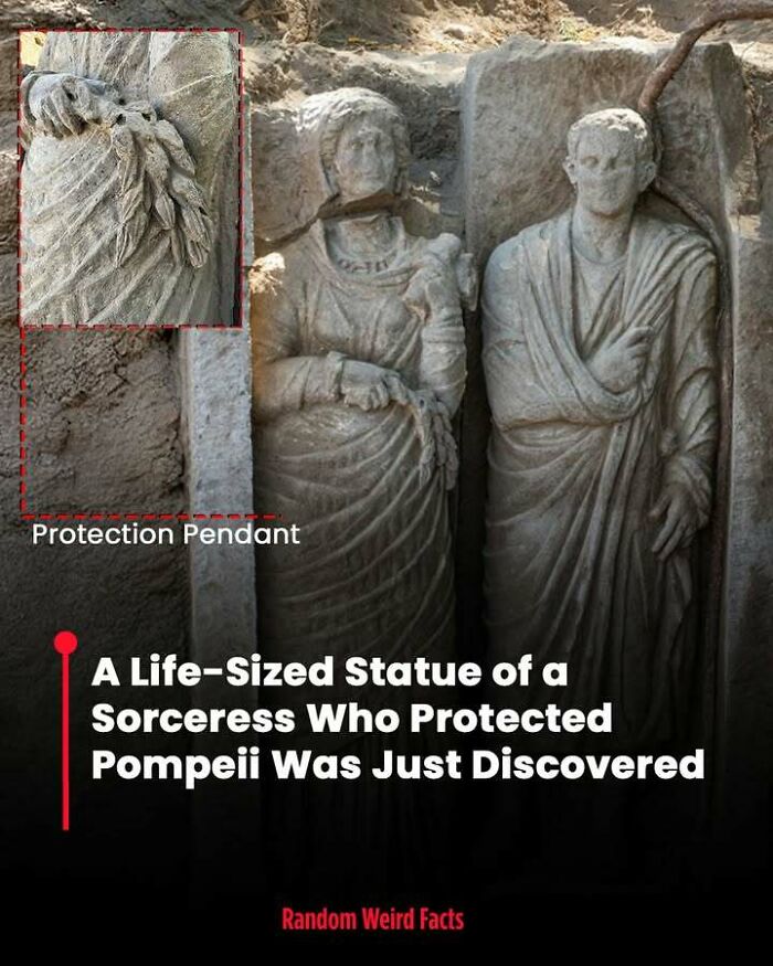 Life-sized statue of a sorceress protecting Pompeii with a detailed protection pendant in ancient ruins.