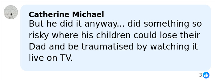 Comment from Catherine Michael expressing concern about the risky 500-meter skyscraper climb and its impact on his children.