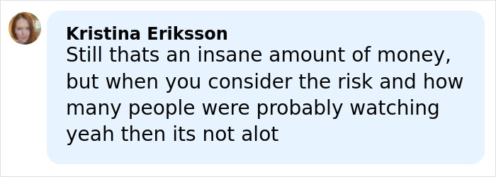 User comment by Kristina Eriksson discussing the backlash over low pay for 500-meter skyscraper climb on Netflix.