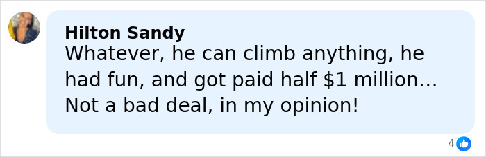 Comment by Hilton Sandy discussing low pay for a 500-meter skyscraper climb linked to Netflix backlash.