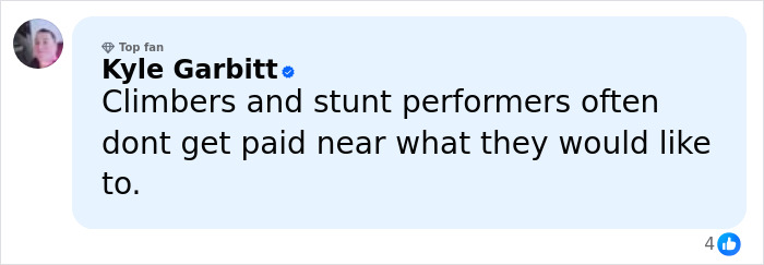 Comment by Kyle Garbitt discussing low pay issues faced by climbers and stunt performers in the entertainment industry.