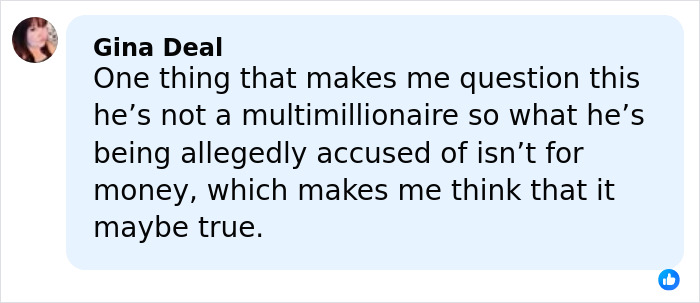 Comment from Gina Deal questioning allegations against Timothy Busfield amid audio of accusers denying claims in ongoing case.