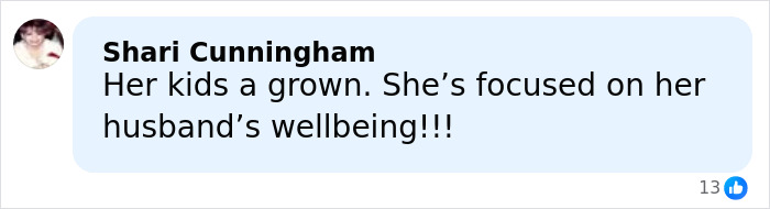 Comment by Shari Cunningham about Melissa Gilbert focusing on her husband's wellbeing after police surrender.