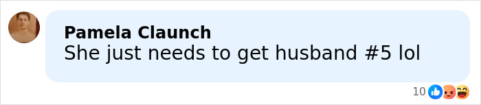 Comment from Pamela Claunch discussing husband situation with emojis reacting to the message on social media.