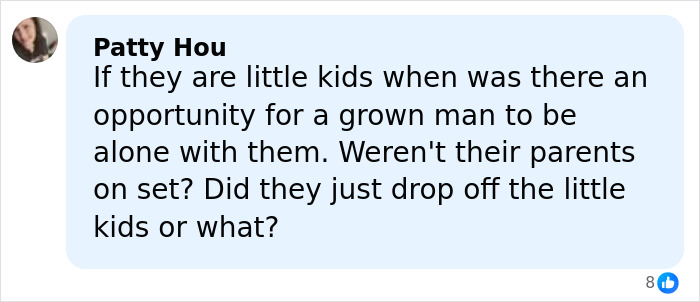 Comment from Patty Hou questioning supervision of children on set amid Melissa Gilbert and Timothy Busfield news.