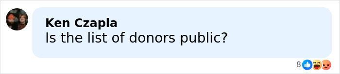 Screenshot of a social media comment asking if the list of donors is public about Minneapolis ICE agent crowdfunding. Screenshot of a social media comment asking if the list of donors is public about Minneapolis ICE agent crowdfunding.