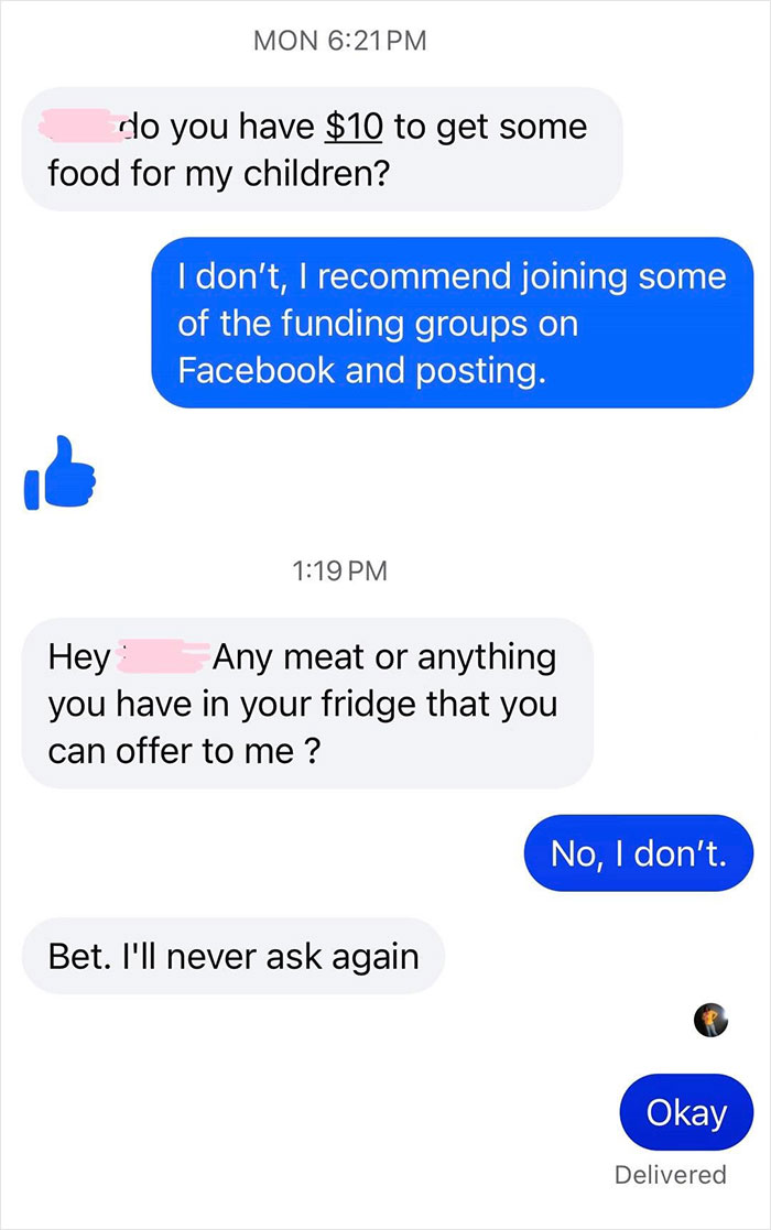 Text message exchange showing a woman trying to help new friend with kids, later realizing she was being used.